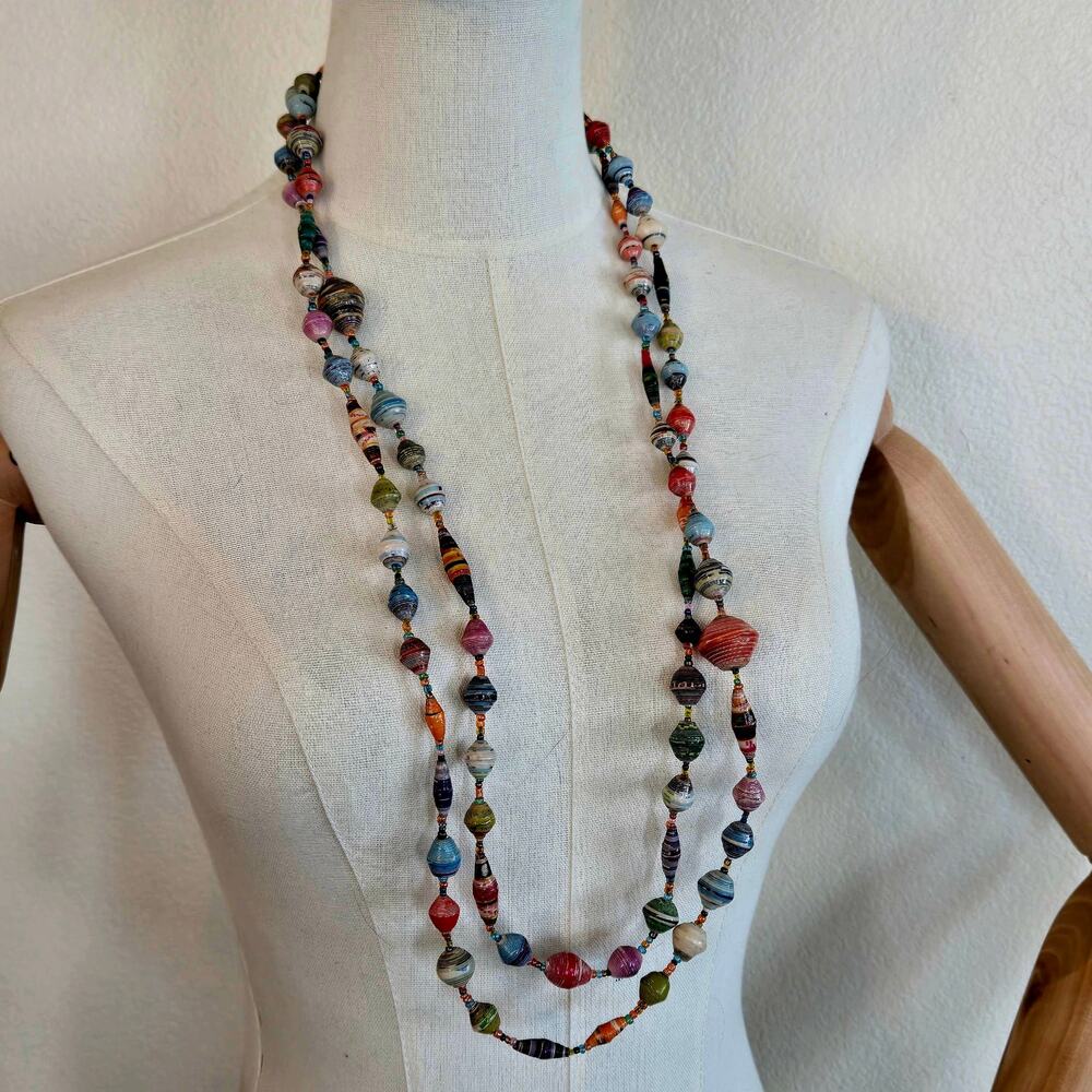 Bohemian Paper Beaded double triple strand long colorful necklace - Picture 2 of 3